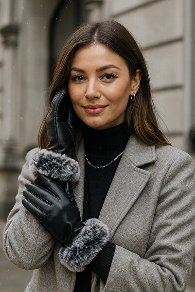 keisy Mănuși de damă din piele cu detalii de pluș