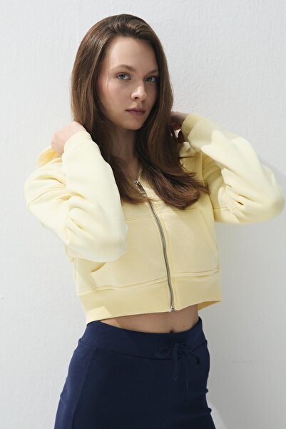 TUBİA Women's Butter Color Hooded Fleece-Lined Crop Sweatshirt Cardigan