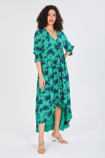 della moor Rochie verde italiană cu decolteu în V, cu model de frunze, cu volane, lejeră