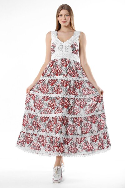 della moor Burgundy Italian Branch Pattern Lace Strap Long Dress