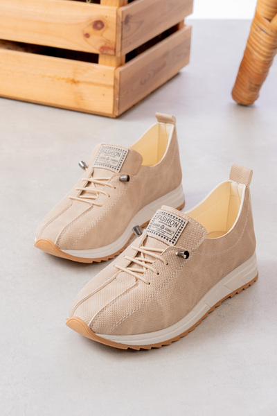 Abay Shoes حذاء باليرينا نسائي من الدنيم بلون البشرة مع أربطة مطاطية ونعل طبي