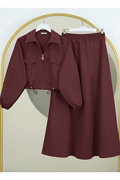 Modamorfo Elastic Waist Skirt Suit - Burgundy
