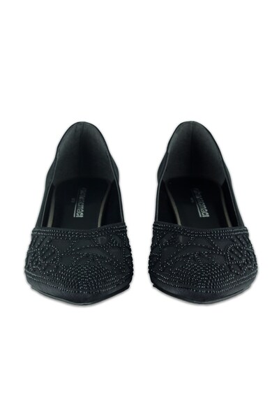 Erkan Saçmacı Patricia Black Satin Stone Mesh Pointed Toe Thick Heeled Classic Shoes