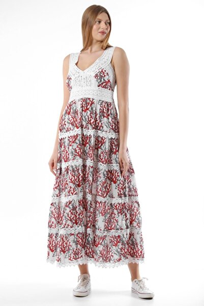 della moor Burgundy Italian Branch Pattern Lace Strap Long Dress