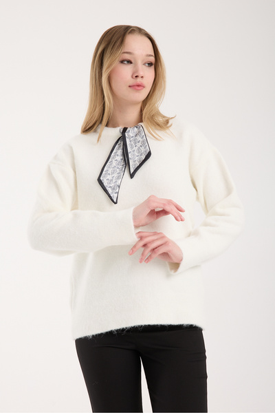 İLKCET MODA Scarf Detailed Ecru Premium Oversized Women's Sweater