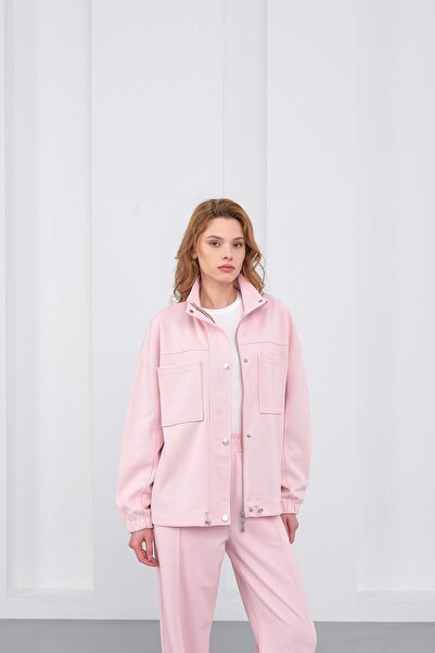 Basicpark Pink Women's Pique Textured Waist Adjustable Oversized Jacket Pants Set