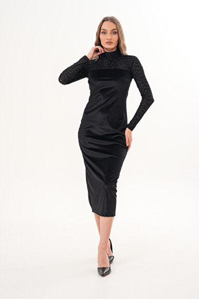 MILANOFOX Kadife Devore Boğazlı Elbise