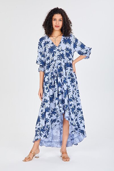 della moor Rochie lejeră cu volane, cu decolteu în V, cu model de frunze, alb...