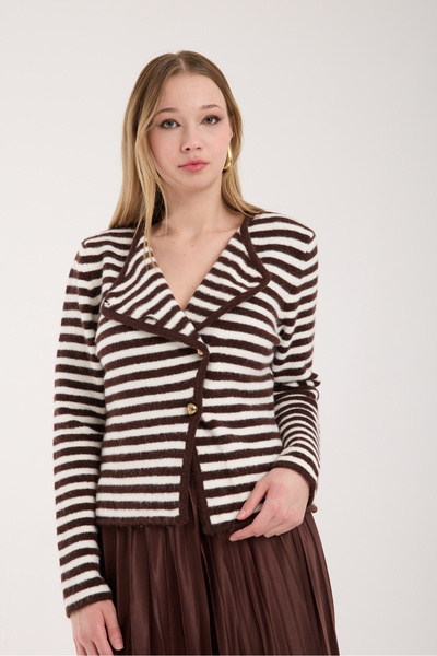 İLKCET MODA Asymmetrical Cut Brown Striped Women's Cardigan