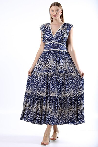 della moor Rochie lungă din țesătură cu mâneci zero cu volane, cu model zebră...