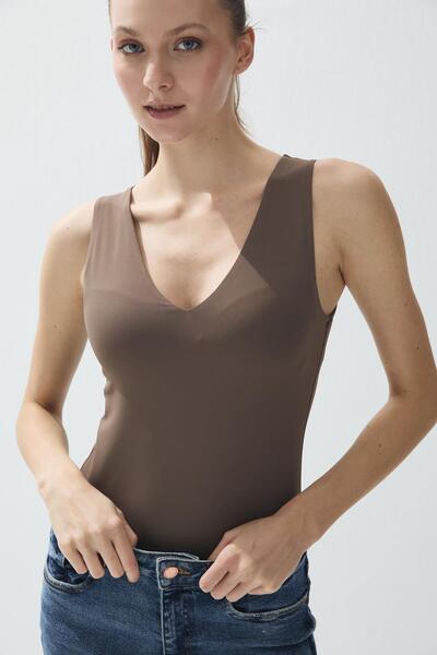 TUBİA Women's Mink Color V-Neck Snap-On Bodysuit