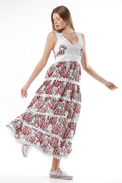 della moor Burgundy Italian Branch Pattern Lace Strap Long Dress