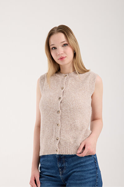 İLKCET MODA Sleeveless Buttoned Beige Thick Knit Cardigan