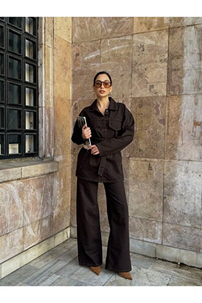 VESS MODA Women's Belted Brown Denim Two-Piece Set