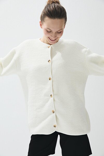 TUBİA Women's Ecru Color Stretchable Long Plush Coat