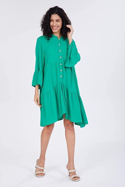 della moor Green Half Buttoned Frilly Loose Dress