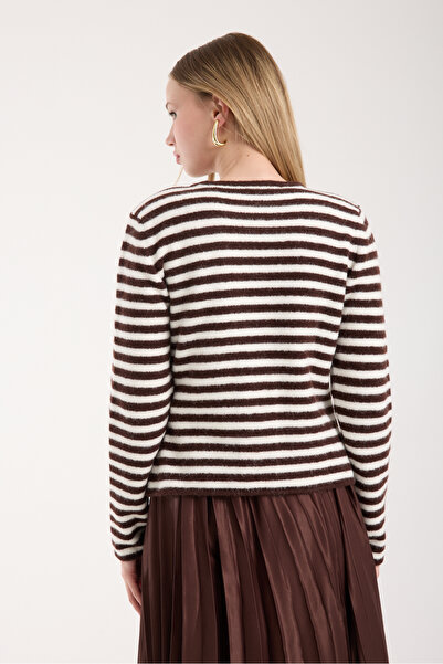 İLKCET MODA Asymmetrical Cut Brown Striped Women's Cardigan