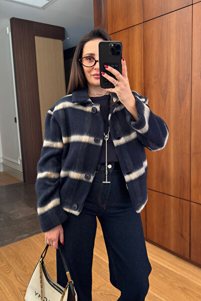 MAGARDE Geacă bomber cu model în carouri și detalii din pene - ALBASTRU ÎNCHIS