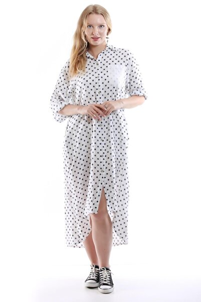della moor White Italian Polka Dot Patterned Linen Shirt Dress