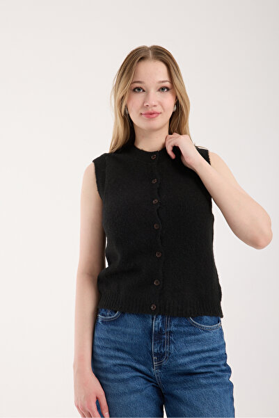 İLKCET MODA Sleeveless Buttoned Black Thick Knit Cardigan