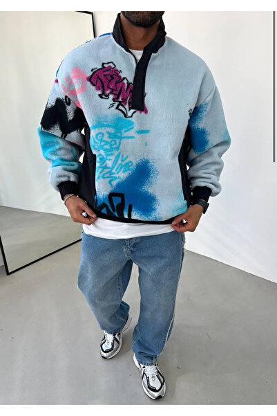 podyumgiyim Blue Half Zipper Graffiti Printed Oversized Plush Sweatshirt