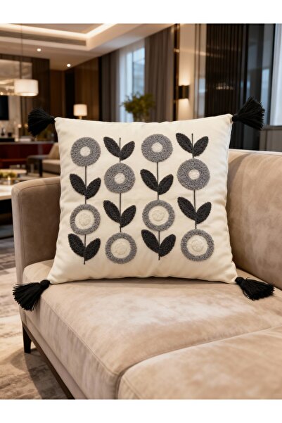 MACASA Single Punch Embroidered 100% Cotton White Fabric Throw Pillow Cover