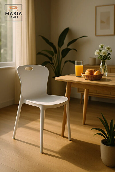 MARIA HOMES كرسي بلاستيكي أبيض، كرسي حديث خفيف الوزن بدون أذرع مع فتحة مقبض خ...