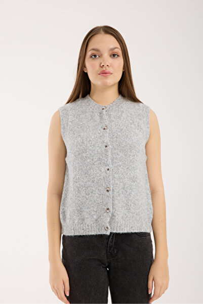 İLKCET MODA Sleeveless Buttoned Gray Thick Knit Cardigan
