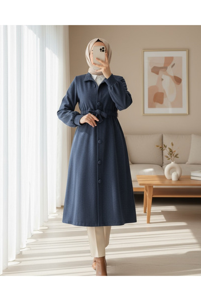 Modamorfo Waist-tied top buttoned stamp coat - navy