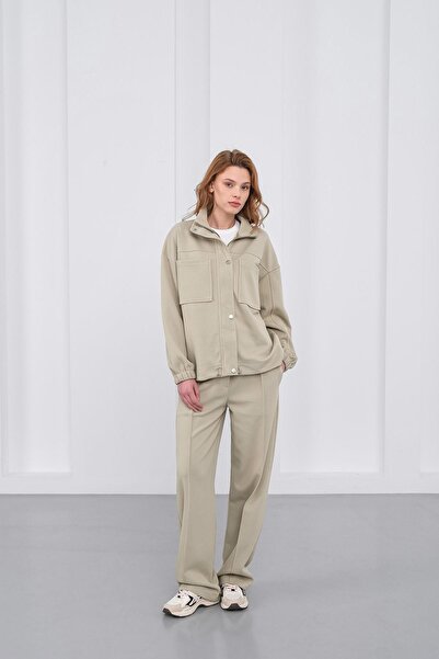 Basicpark Haki Women's Pique Textured Waist Adjustable O Oversized Jacket Trousers Set