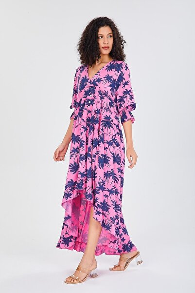della moor Pink Italian V-Neck Leaf Pattern Ruffled Loose Dress