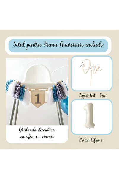 Arelair Magic Box Baby 1 Year Decoration Set, 3 Pieces, Balloon 1, Garland, Topper One, Gift, White, Blue