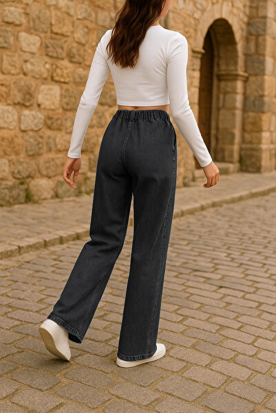 CEDY DENIM - Stretch Fabric Fabric Pocketless Belt with Elastic Waist Palazzo Pants C640-Anthracite