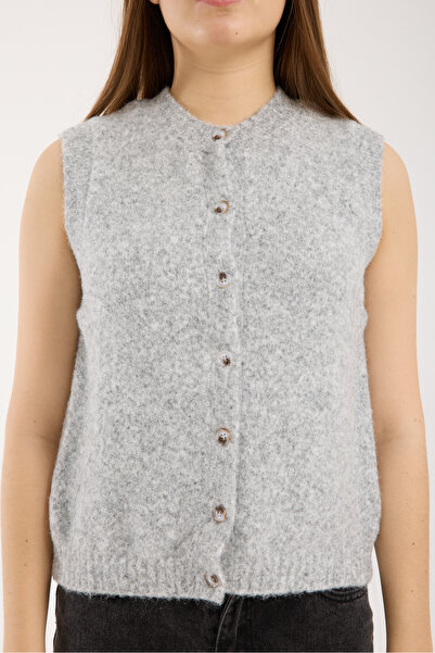 İLKCET MODA Sleeveless Buttoned Gray Thick Knit Cardigan