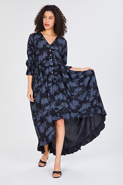 della moor Black Italian V-Neck Leaf Pattern Ruffled Loose Dress