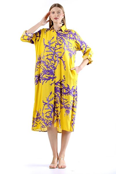 della moor فستان قميص كاجوال بنمط فرع أصفر