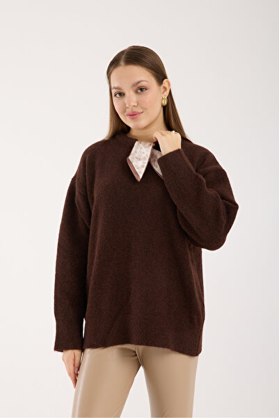 İLKCET MODA Scarf Detailed Brown Premium Oversized Women's Sweater