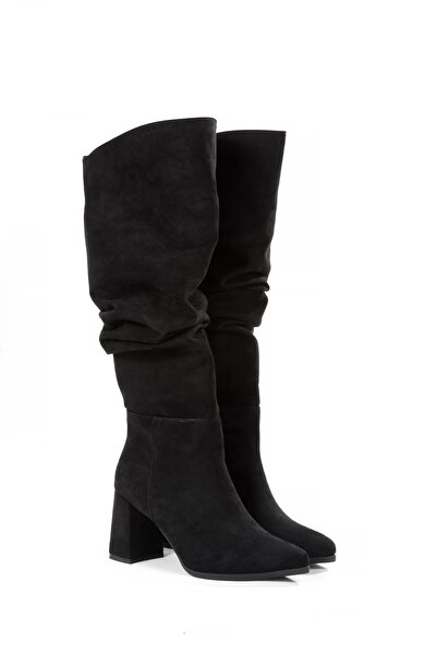 Modabuymus Black Suede Thick Heeled Crinkled Gusseted Women's Boots - Kc