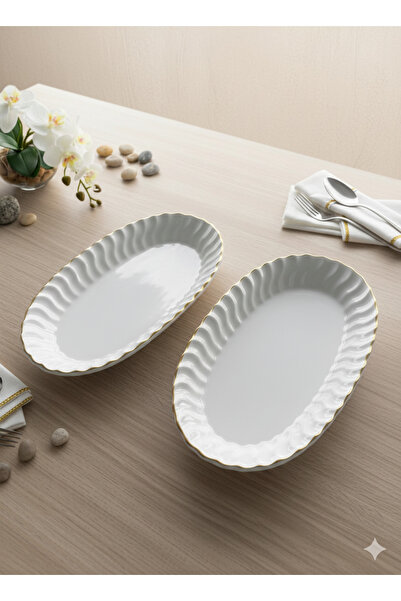 ŞURA MUTFAK 2 Pieces White Gold Ruffle Boat Plate 24X15X4Cm