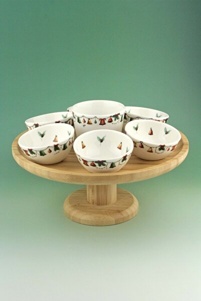 Bursa Porselen Dekor Christmas Bells Porcelain Snack Bowl Set with Bamboo Tray & Stand