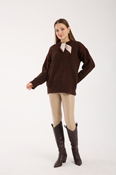 İLKCET MODA Scarf Detailed Brown Premium Oversized Women's Sweater