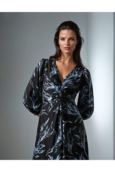 Vessmary Day and occasion dress VSM0971 made of fine black satin, with Printed