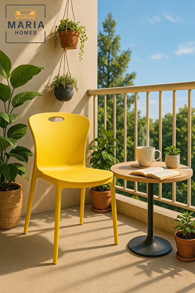 MARIA HOMES كرسي بلاستيكي أصفر حديث وخفيف الوزن بدون مساند للذراعين ومقبض خلفي للاستخدام الداخلي والخارجي