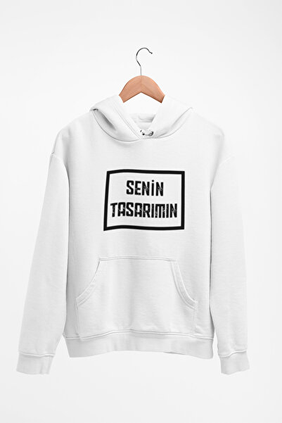 Tshirto Kişiye Özel Baskı (Kendin Tasarla) 3 İplik Şardonlu Beyaz Kapüşonlu S...