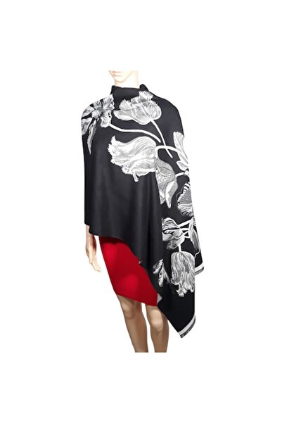 L-line fashion Women's reversible shawl, black/gray, floral pattern, 190x65 cm