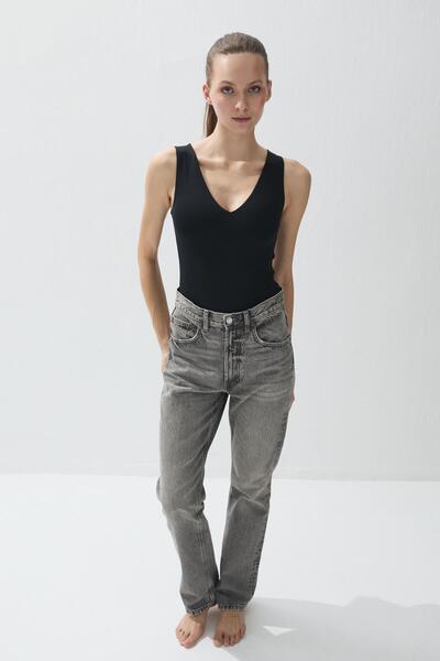 TUBİA Women's Black Color V-Neck Snap Fastener Bodysuit