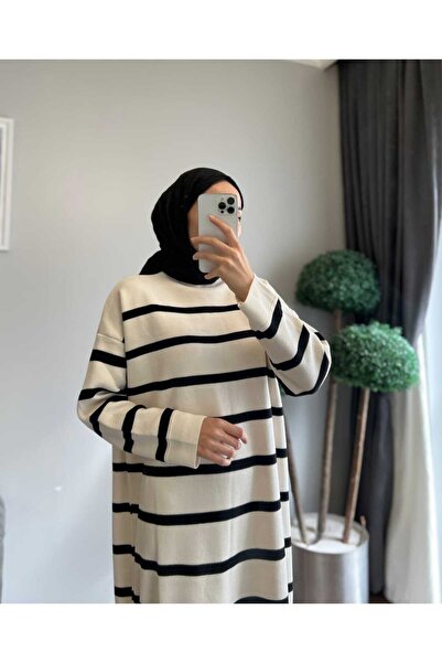 Müq فستان تريكو طويل بتفاصيل شق صغير مخطط قصة فضفاضة - إكرو