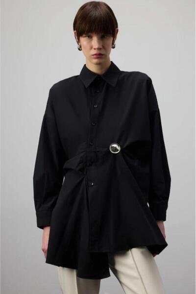 Touche Pileli Asimetrik Poplin Gömlek Siyah