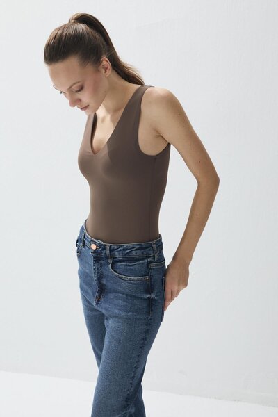 TUBİA Women's Mink Color V-Neck Snap-On Bodysuit