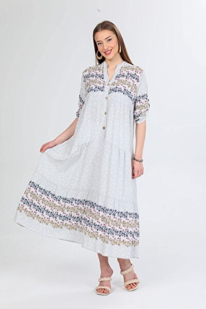 della moor Gray Italian Floral Patterned Half Buttoned Maxi Length Dress